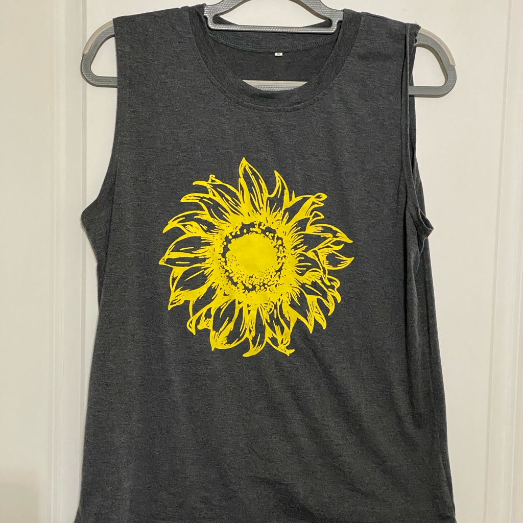 Sunflower Print Sleeveless Tee - Charcoal And Yellow